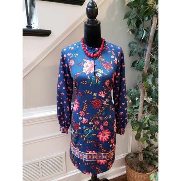 Loft Wildflower Satin Shift Dress Women's Size M Blue Collered Button Down - Picture 2 of 12